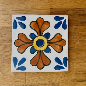 Red & Blue Flower Talavera Coaster / Mexican Tile / Southwest Home Decor / Backsplash / Kitchen / Bathroom / Coffee Table Coaster