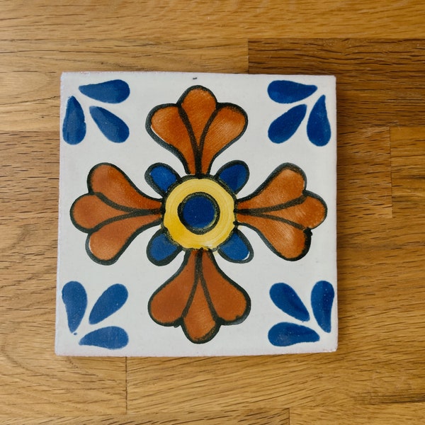 Red & Blue Flower Talavera Coaster / Mexican Tile / Southwest Home Decor / Backsplash / Kitchen / Bathroom / Coffee Table Coaster