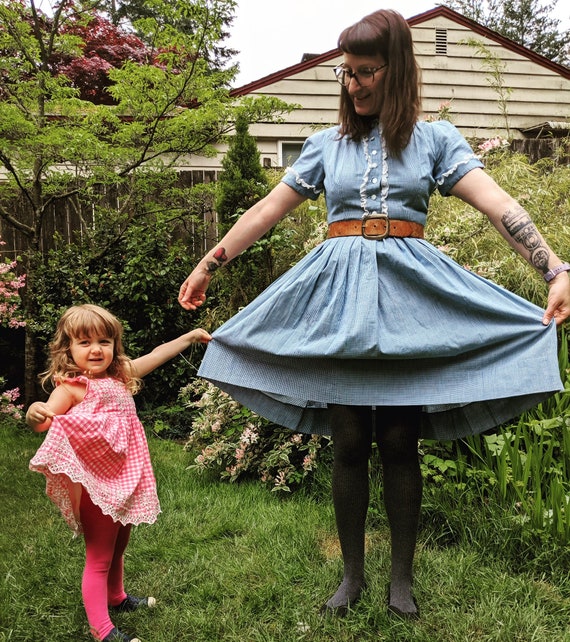 50s Blue gingham dress size MD