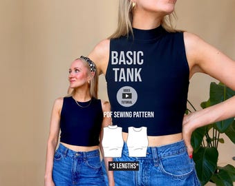 May include: Black tank top with the text "BASIC TANK" and "PDF SEWING PATTERN". The image shows a woman wearing the tank top. The tank top has a mock neck and is paired with blue jeans. The image also includes a video tutorial icon and the text "*3 LENGTHS*".