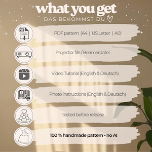 May include: A beige graphic with the text "what you get" and "DAS BEKOMMST DU". The image lists the contents of a PDF pattern, including a PDF pattern, projector file, video tutorial, photo instructions, and a statement that the pattern is tested before release and 100% handmade.