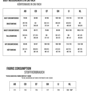 May include: Size guide chart for clothing with measurements in inches and centimeters. The chart includes bust, waist, and hip circumference measurements for sizes AB through KL.
