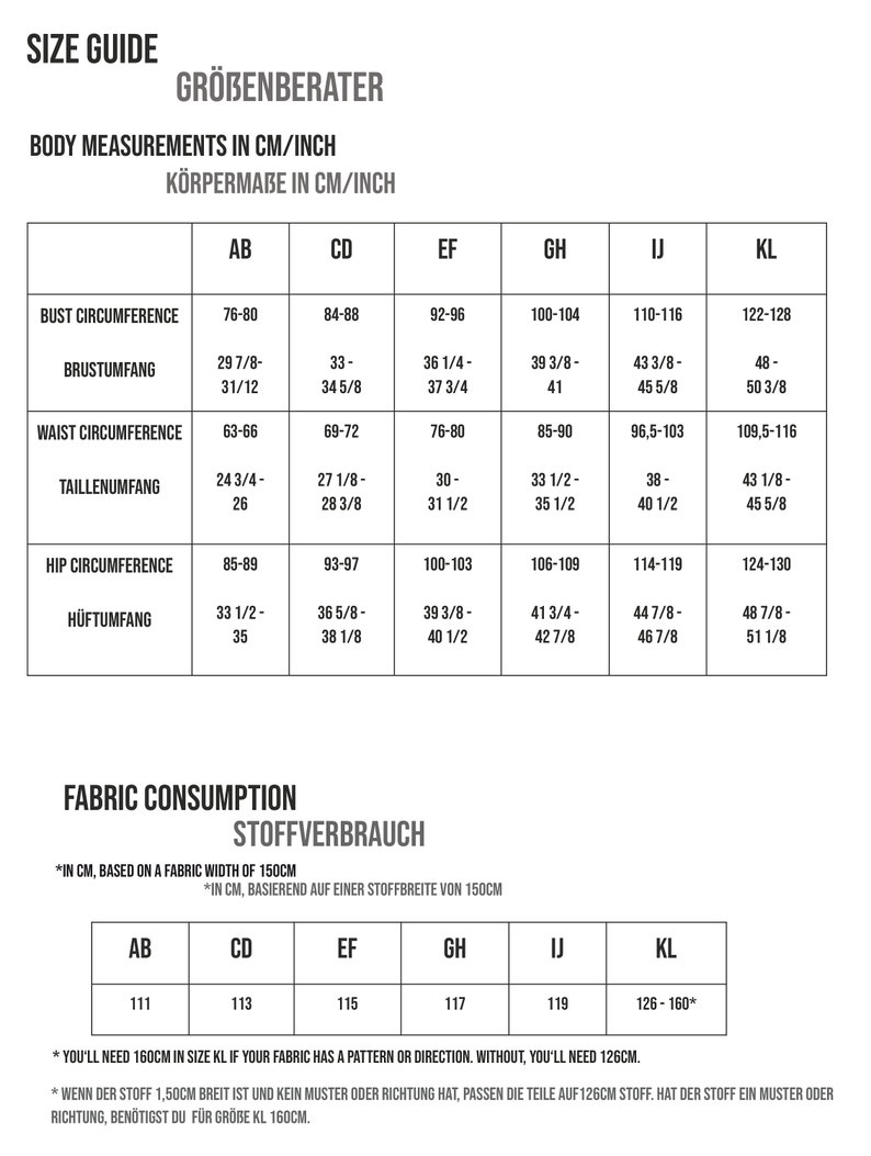 May include: Size guide chart for clothing with measurements in inches and centimeters. The chart includes bust, waist, and hip circumference measurements for sizes AB through KL.