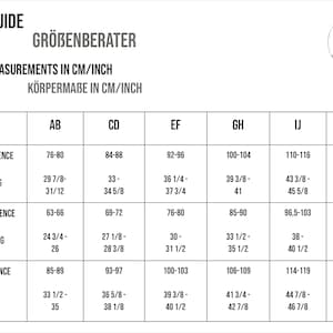 May include: Size guide chart with body measurements in centimetres and inches for bust, waist, and hip circumference. The chart includes sizes AB, CD, EF, GH, IJ, and KL.