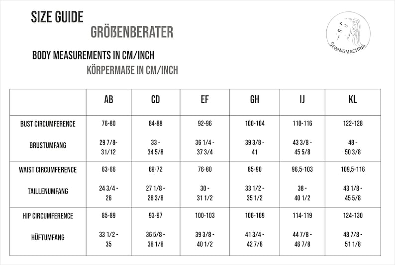 May include: Size guide chart with body measurements in centimetres and inches for bust, waist, and hip circumference. The chart includes sizes AB, CD, EF, GH, IJ, and KL.
