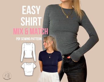 May include: A PDF sewing pattern for an easy shirt with mix and match options. The image displays text reading EASY SHIRT MIX & MATCH PDF SEWING PATTERN, alongside two line-art illustrations of shirts and a person wearing a long-sleeve gray shirt.
