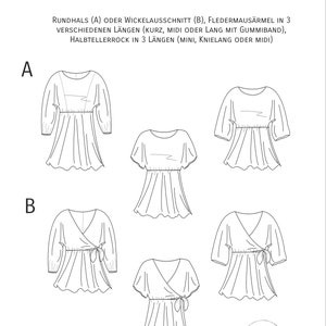 Puede incluir: Dibujos de tops de mujer con cuello redondo y cruzado, mangas murci&eacute;lago y faldas de media circunferencia. La imagen incluye texto que describe las opciones de dise&ntilde;o y las longitudes. El nombre de la marca tambi&eacute;n es visible.