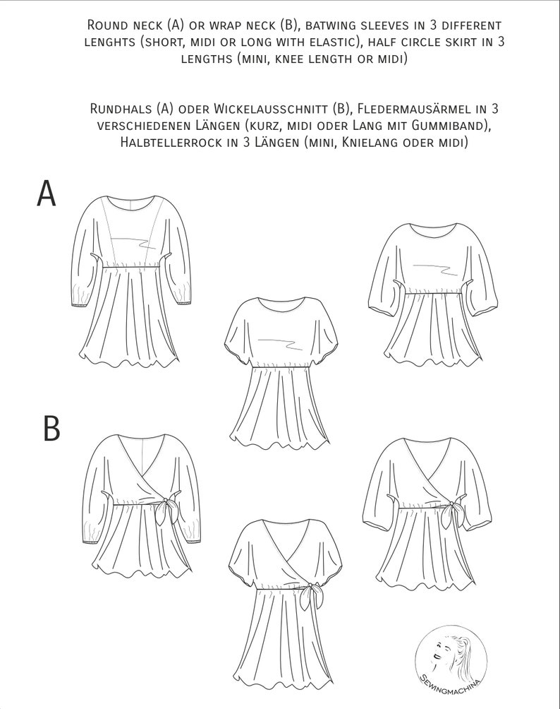 Puede incluir: Dibujos de tops de mujer con cuello redondo y cruzado, mangas murci&eacute;lago y faldas de media circunferencia. La imagen incluye texto que describe las opciones de dise&ntilde;o y las longitudes. El nombre de la marca tambi&eacute;n es visible.