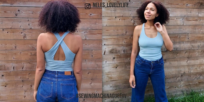 May include: A light blue ribbed tank top with a criss-cross back detail. The top is paired with blue denim jeans. The image is split into two panels, showing the front and back of the outfit. The background is a wooden wall.