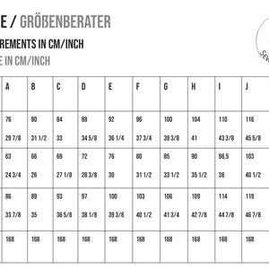 May include: A size guide chart with body measurements in both centimeters and inches. The chart includes bust, waist, and hip circumference measurements, as well as body height. The chart is in English and German.