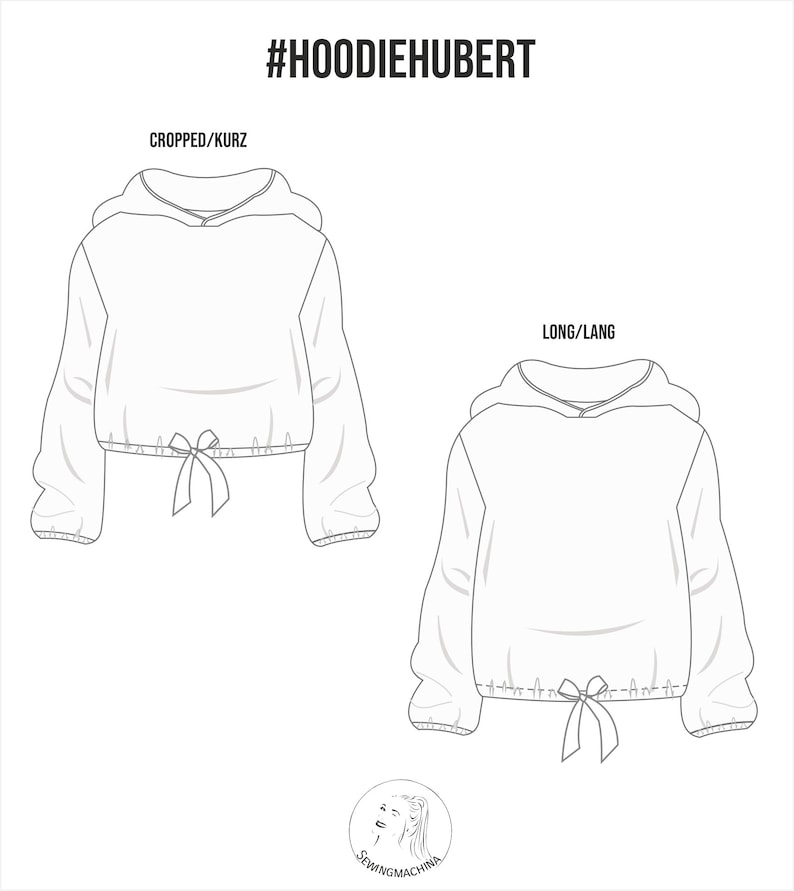 May include: Line drawing illustration of two hoodie designs. The first design is a cropped hoodie with the text "CROPPED/KURZ" above it. The second design is a long-sleeved hoodie with the text "LONG/LANG" above it. Both hoodies have a drawstring at the bottom and a hood with a drawstring. The text "#HOODIEHUBERT" is at the top of the image.