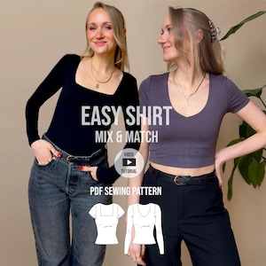 May include: Two women modelling different shirt styles. The image includes the text "EASY SHIRT MIX & MATCH" and "PDF SEWING PATTERN". One woman wears a long-sleeved black shirt with a square neckline, the other a short-sleeved purple shirt with a V-neck.