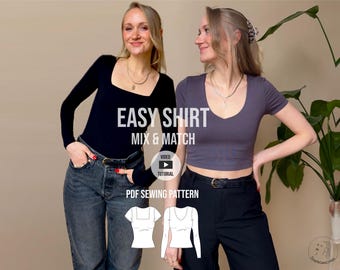 Easy basic shirt PDF sewing pattern: V-neck, square neck / mix & match / video tutorial / shirt Max