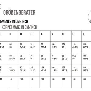 May include: Size guide chart with body measurements in both centimeters and inches. Includes bust, waist, and hip circumference, as well as body height. The chart is in black and white.