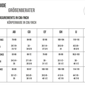 May include: Size guide chart with body measurements in centimeters and inches for bust, waist, and hip circumference. The chart includes sizes AB, CD, EF, GH, IJ, and KL.