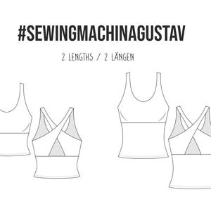 May include: Line drawing of two different styles of tank tops. The text at the top says "#SEWINGMACHINAGUSTAV" and "2 LENGTHS / 2 L&Auml;NGEN". The tank tops are white and have a sporty design.