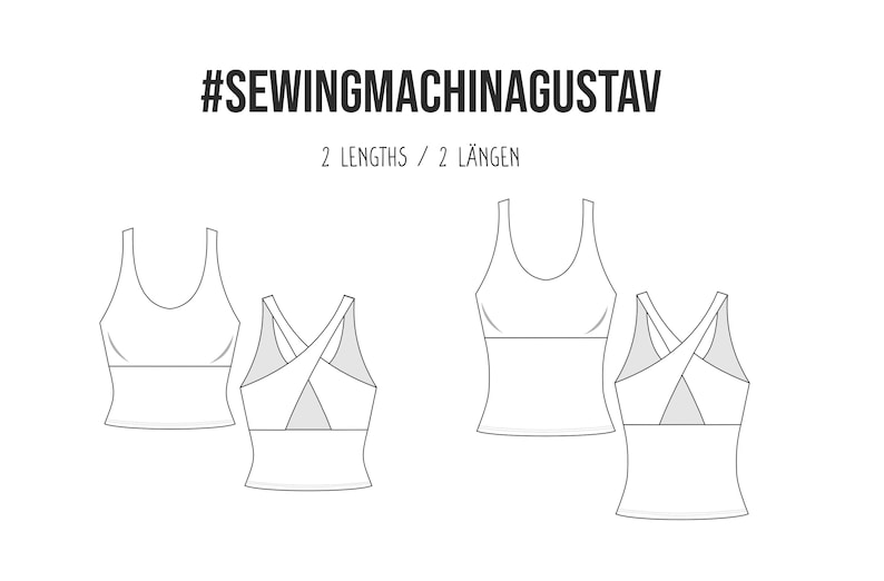 May include: Line drawing of two different styles of tank tops. The text at the top says "#SEWINGMACHINAGUSTAV" and "2 LENGTHS / 2 L&Auml;NGEN". The tank tops are white and have a sporty design.
