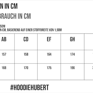 May include: A chart showing fabric consumption in centimetres for different sizes of hoodies. The chart is based on a fabric width of 1.50 metres. The sizes are listed across the top row and the lengths are listed down the left column. The chart includes the text "#HOODIEHUBERT".