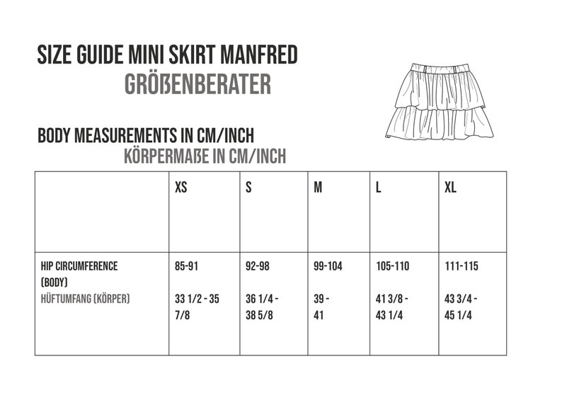 Pu&ograve; includere: Guida alle taglie per una minigonna con misure in pollici e centimetri. La tabella mostra la circonferenza dei fianchi in pollici e centimetri per le taglie XS, S, M, L e XL.