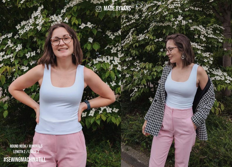 May include: A woman wearing a light blue tank top and pink pants, with a black and white houndstooth blazer. The image includes the text "ROUND NECK / RUNDHALS LENGTH 2 / LARGE 2 #SEWINGMACHINATILL".