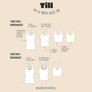 May include: A diagram illustrating a mix and match basic top design. The image shows front and back views of the top, with options for V-neck or round neck, and three lengths. Text includes "Till", "Mix & Match Basic Top", and "#SEWINGMACHINATILL".