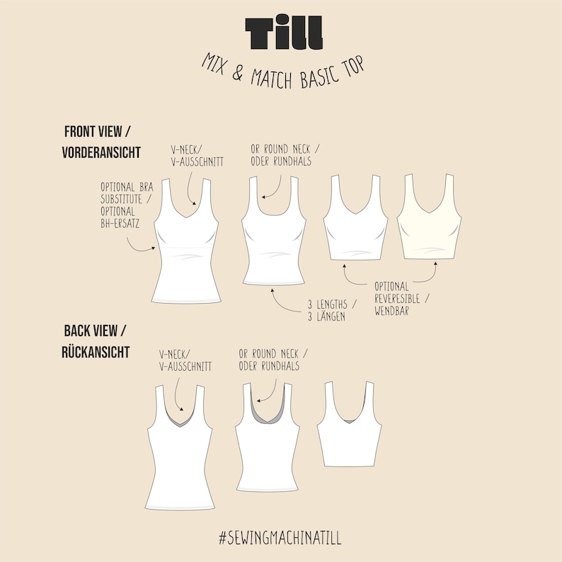 May include: A diagram illustrating a mix and match basic top design. The image shows front and back views of the top, with options for V-neck or round neck, and three lengths. Text includes "Till", "Mix & Match Basic Top", and "#SEWINGMACHINATILL".