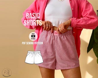 Basic Shorts Sewing Pattern with video tutorial: Elastic Waist, High/Mid Rise (PDF Pattern)
