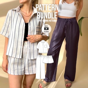 May include: A pattern bundle image featuring a woman wearing a striped shirt and shorts set, and another wearing dark purple satin pants. The image includes illustrations of the sewing patterns and text that reads "PATTERN BUNDLE 3 PDF'S SEWING PATTERNS".