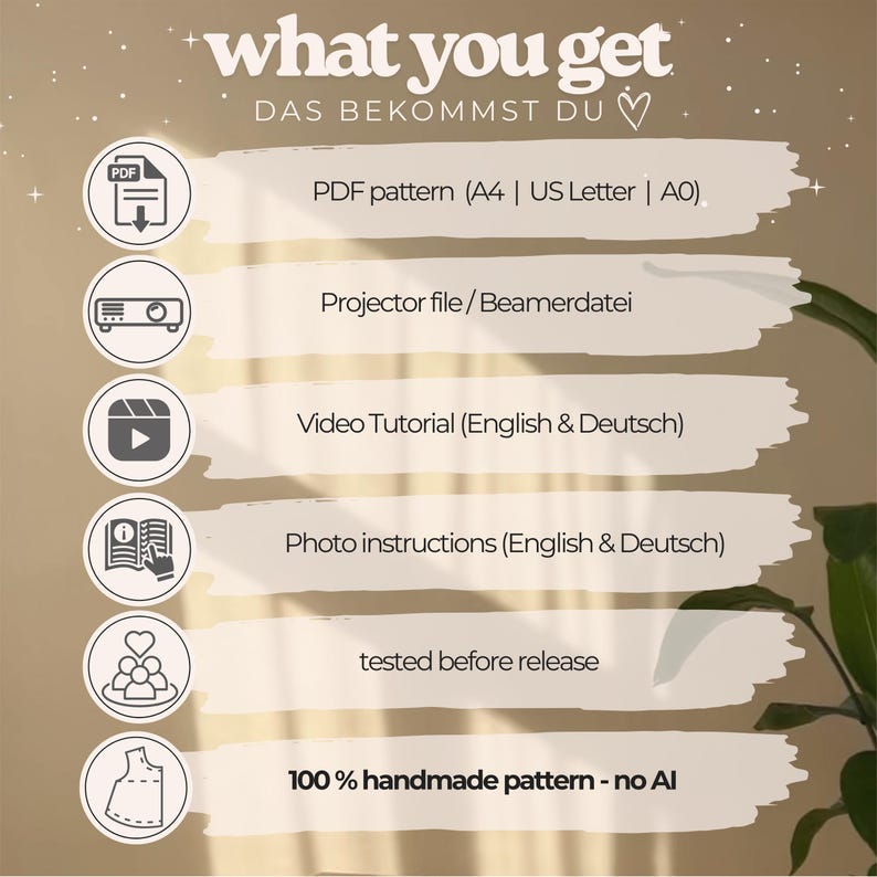 May include: A beige graphic with the text "what you get" and "DAS BEKOMMST DU". The image lists the contents of a PDF pattern, including a PDF pattern, projector file, video tutorial, photo instructions, and a statement that the pattern is tested before release and 100% handmade.