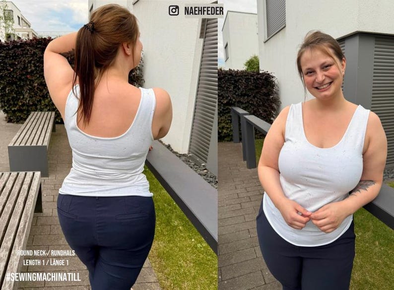 May include: A woman wearing a white tank top and dark blue pants. The tank top has a scoop neck and a subtle speckled pattern. The text on the image says "ROUND NECK / RUNDHALS LENGTH 1 / L&Auml;NGE 1" and "#SEWINGMACHINATILL".