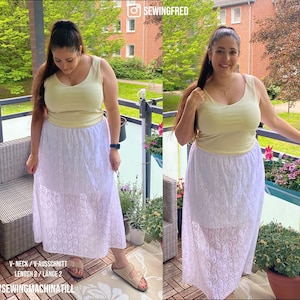 May include: A woman wearing a light yellow tank top and a white lace skirt. The skirt is a midi length. The text on the image says "V-NECK / V-AUSSCHNITT LENGTH 2 / L&Auml;NGE 2" and "#SEWINGMACHINATILL".
