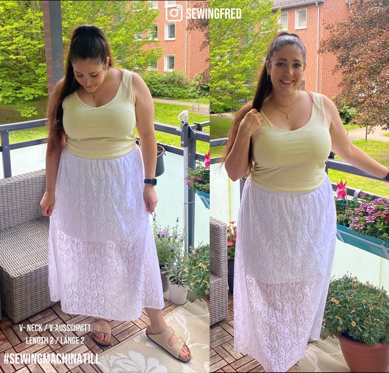 May include: A woman wearing a light yellow tank top and a white lace skirt. The skirt is a midi length. The text on the image says "V-NECK / V-AUSSCHNITT LENGTH 2 / L&Auml;NGE 2" and "#SEWINGMACHINATILL".