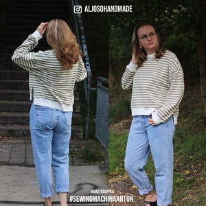 May include: A striped, cropped sweater with a white trim and long sleeves. The sweater is paired with light blue jeans.