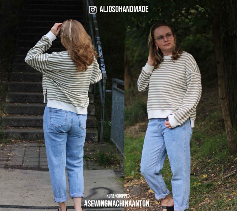 May include: A striped, cropped sweater with a white trim and long sleeves. The sweater is paired with light blue jeans.