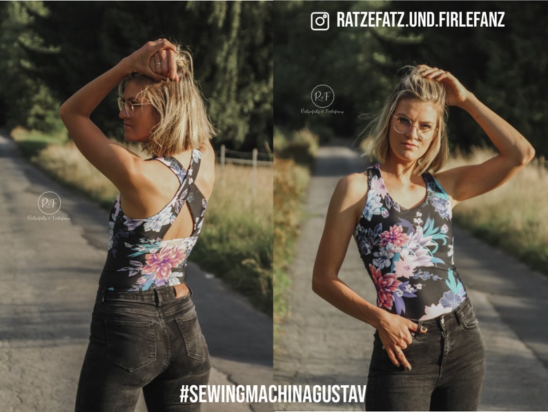 May include: A black tank top with a floral pattern in pink, purple, and blue. The tank top has a criss-cross back design. The text "#SEWINGMACHINAGUSTAV" is visible at the bottom of the image. The Instagram handle "RATZEFATZ.UND.FIRLEFANZ" is at the top.