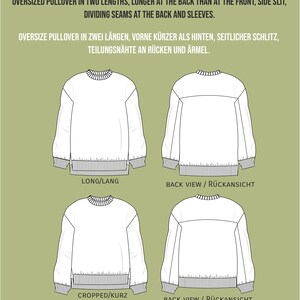 May include: Line drawing illustration of a pullover sweater pattern in two lengths, long and cropped. The pattern includes a side slit and dividing seams at the back and sleeves. The text "#SEWINGMACHINAANTON" is at the top of the image. The text "LONG/LANG" is below the long version of the sweater. The text "CROPPED/KURZ" is below the cropped version of the sweater. The text "BACK VIEW / R&Uuml;CKANSICHT" is below both back views of the sweater.