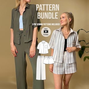 Paquete de patrones de costura: pantalones anchos, shorts y blusa (patrón en PDF, videotutorial)