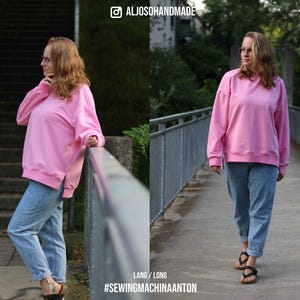 May include: A woman wearing a pink long-sleeved sweatshirt with a crew neck and blue jeans. The sweatshirt has a side slit and the text "#SEWINGMACHINAANTON" is visible on the bottom of the image. The image is split in half with the woman on the left side standing on a set of stairs and the woman on the right side standing on a bridge.
