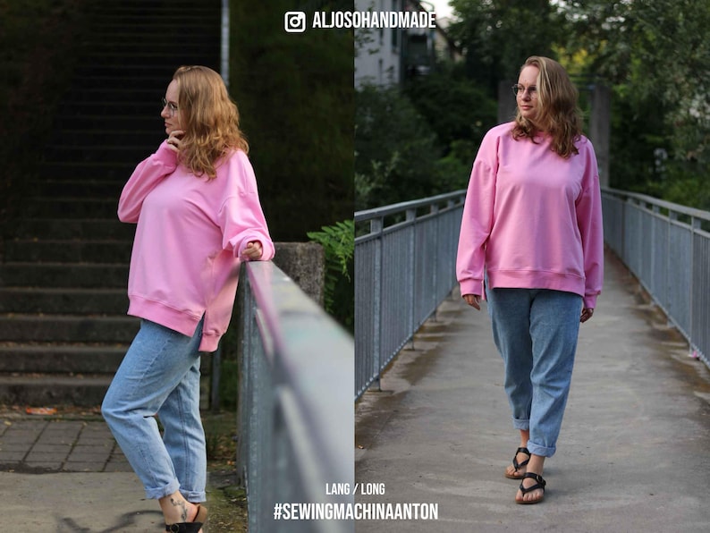 May include: A woman wearing a pink long-sleeved sweatshirt with a crew neck and blue jeans. The sweatshirt has a side slit and the text "#SEWINGMACHINAANTON" is visible on the bottom of the image. The image is split in half with the woman on the left side standing on a set of stairs and the woman on the right side standing on a bridge.