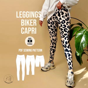 Może przedstawiać: Legginsy z nadrukiem w cętki z czarnymi plamami na beżowym tle. Obraz zawiera również wzór szycia PDF na legginsy, szorty rowerowe i capri. Tekst na obrazie brzmi "LEGGINGS, BIKER, CAPRI, VIDEO TUTORIAL, PDF SEWING PATTERN."