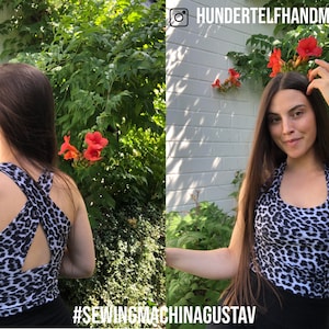May include: A black and white leopard print halter top with a crisscross back design. The top is paired with a black bottom. The image includes the text "#SEWINGMACHINAGUSTAV" and the Instagram handle "HUNDERTEFLHANDMADE".