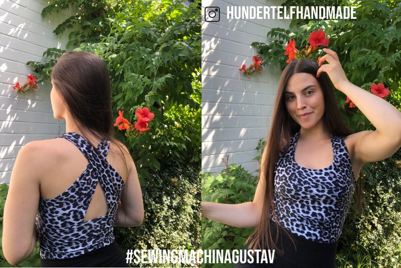 May include: A black and white leopard print halter top with a crisscross back design. The top is paired with a black bottom. The image includes the text "#SEWINGMACHINAGUSTAV" and the Instagram handle "HUNDERTEFLHANDMADE".
