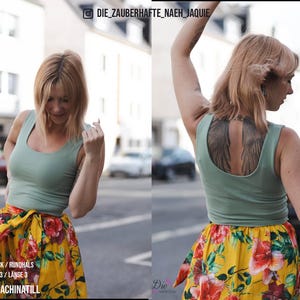 May include: A woman wearing a sage green tank top and a yellow floral skirt. The skirt has a red floral pattern. The text on the image says "ROUND NECK / RUNDHALS LENGTH 3 / L&Auml;NGE 3" and "#SEWINGMACHINATILL".