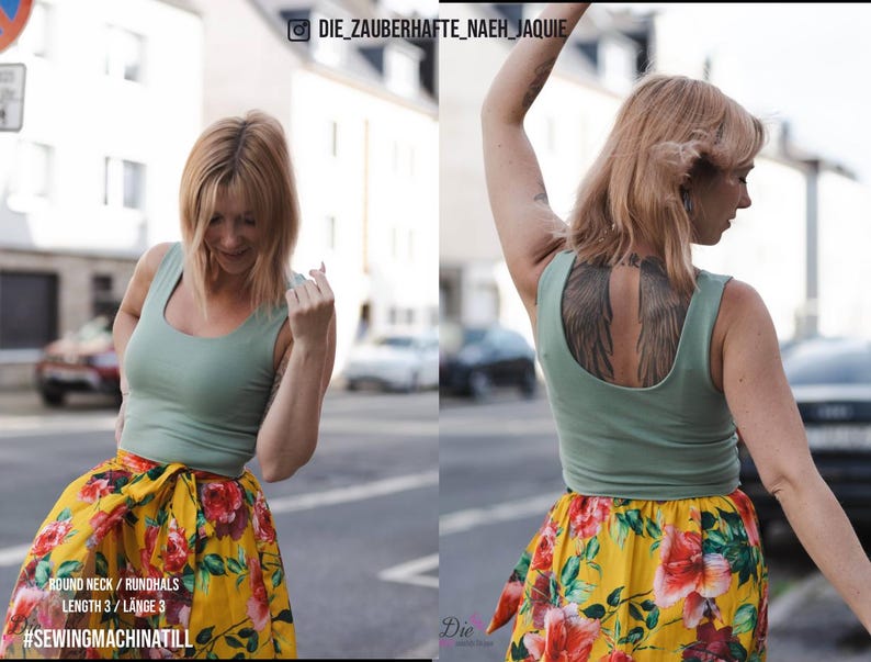 May include: A woman wearing a sage green tank top and a yellow floral skirt. The skirt has a red floral pattern. The text on the image says "ROUND NECK / RUNDHALS LENGTH 3 / L&Auml;NGE 3" and "#SEWINGMACHINATILL".
