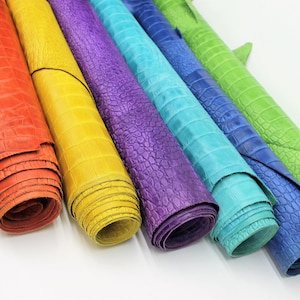 Pelle di coccodrillo rettile goffrata / Rosso Giallo Viola Blu Verde Turchese / 0,8-1,0 mm / 2-3 OZ / fogli pezzi / Pelli intere disponibili