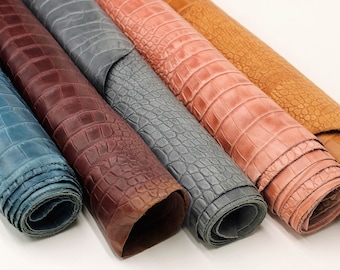 Crocodile Reptile embossed leather | Gray Pink Navy blue Brown | 0.8-1.0 mm | 2-3 OZ  | sheets pieces | Full Hides Available