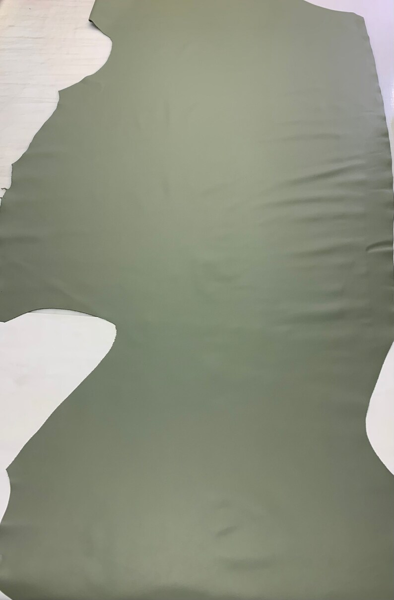 May include: A large piece of green leather. The leather is smooth and has a slight sheen.