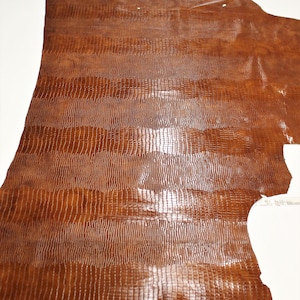 May include: A large piece of brown alligator leather with a textured surface. The leather is smooth and shiny.