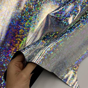 Pelle olografica argento metallizzato rainbox 3d laminato naturale / Spessore 1,2 mm / 3 OZ / Lato per borse, scarpe