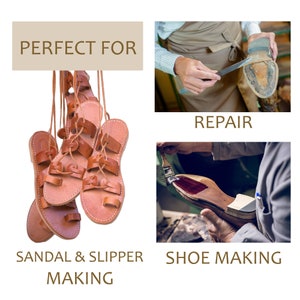 May include: Leather sandals and slippers hanging on a string. The text "PERFECT FOR" is above the sandals. The text "SANDAL & SLIPPER MAKING" is below the sandals. Two images show a person working on leather shoes. The text "REPAIR" is below the first image. The text "SHOE MAKING" is below the second image.